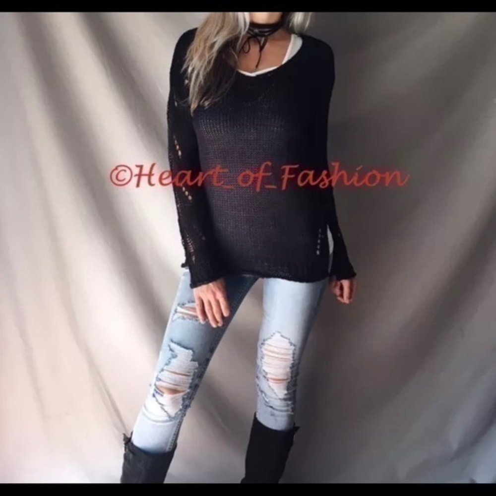 NEW! Black Distressed Loose Knit Semisheer Sweater